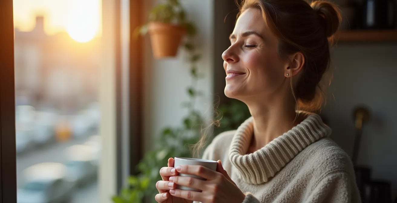 Moment der Achtsamkeit während eines langen Arbeitstages