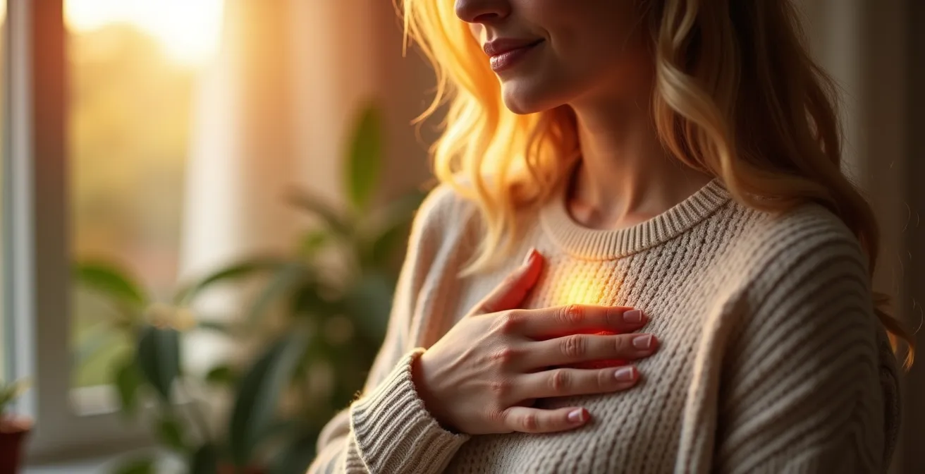 Eine Frau legt in einer Geste des Selbstmitgefühls ihre Hand auf ihr Herz.