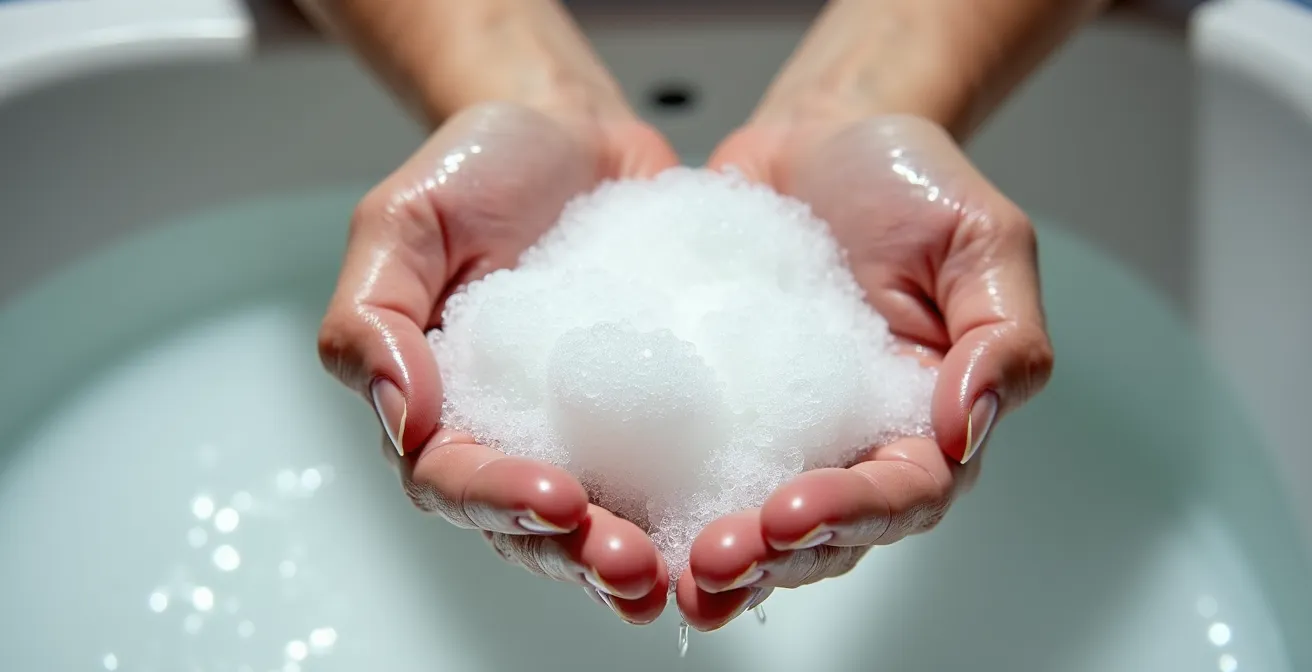 Nahaufnahme von Händen, die eine kleine Menge Shampoo aufschäumen