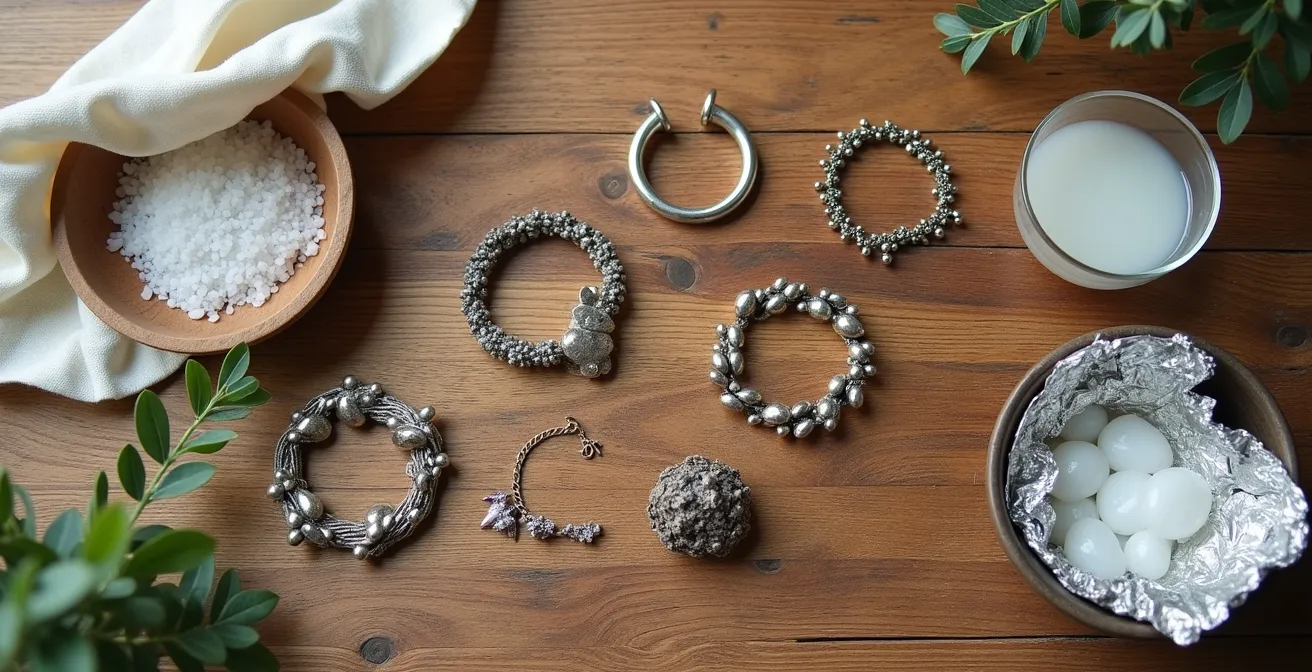 Stillleben mit Silberschmuck und natürlichen Reinigungsmitteln auf Holztisch