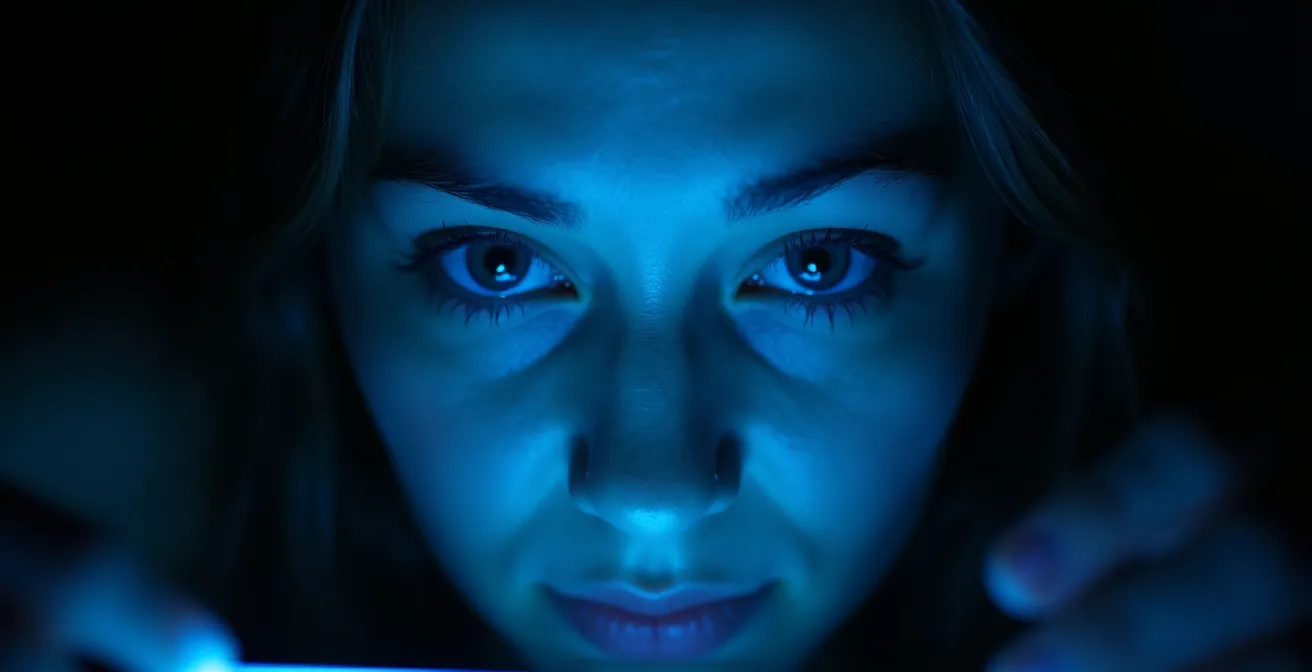 Nahaufnahme eines Gesichts im Dunkeln, beleuchtet vom blauen Schein eines Smartphones