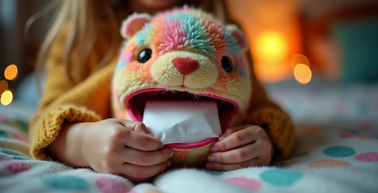 Kind mit Sorgenfresser-Puppe beim abendlichen Ritual im gemütlichen Kinderzimmer