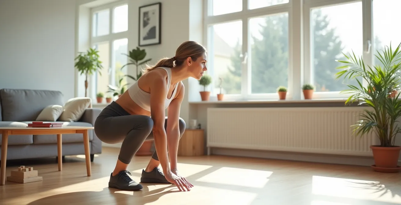 Frau demonstriert tiefe Hocke als natürliche Ruheposition