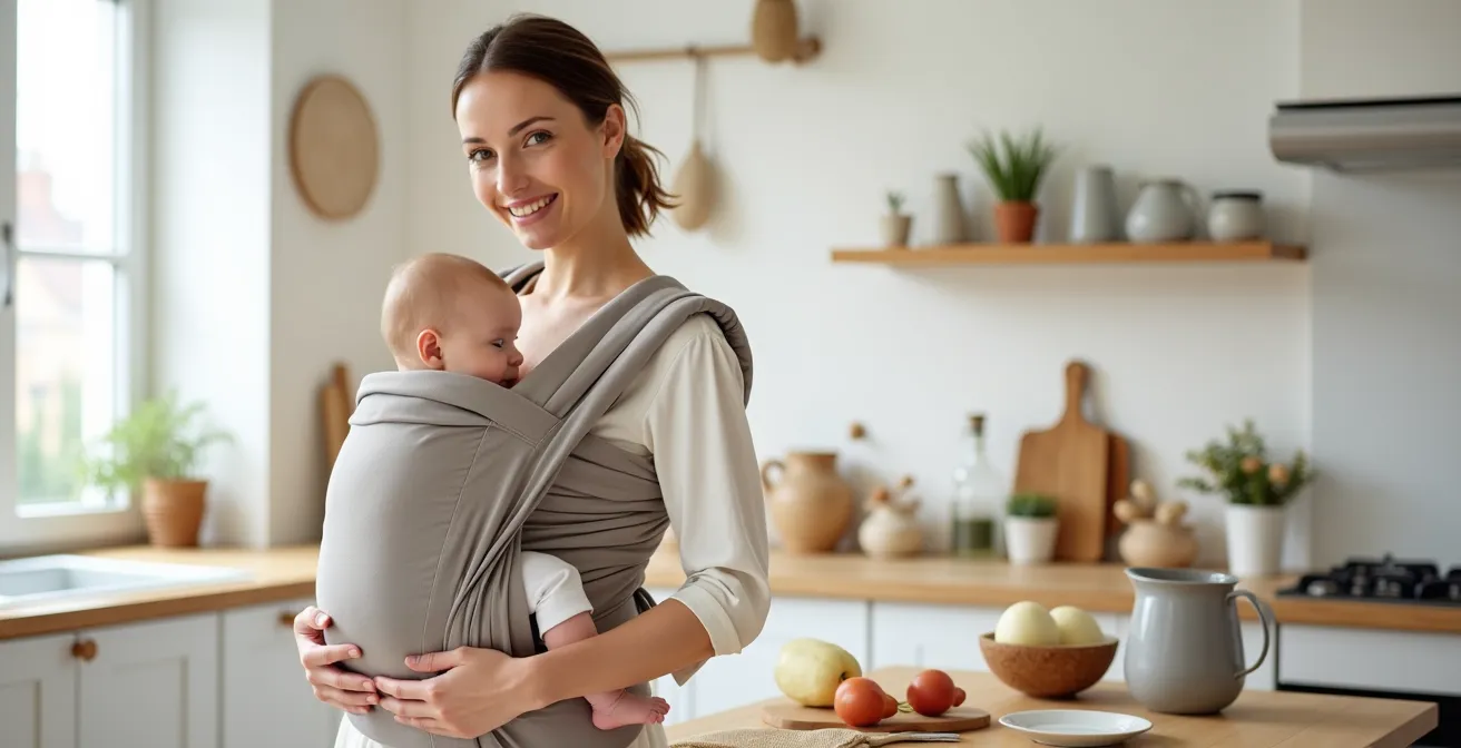 Mutter mit Baby im Tragetuch während alltäglicher Tätigkeiten