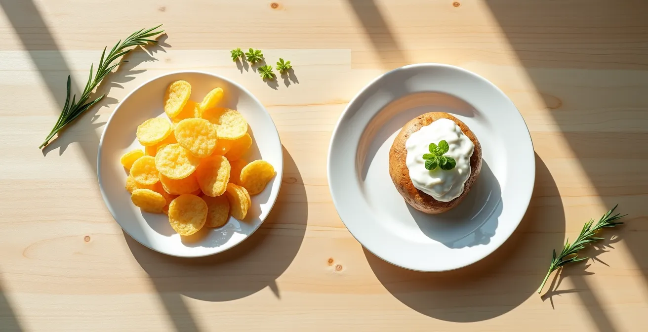 Gesunder Kontrast zwischen Chips und Ofenkartoffel mit Kräuterquark