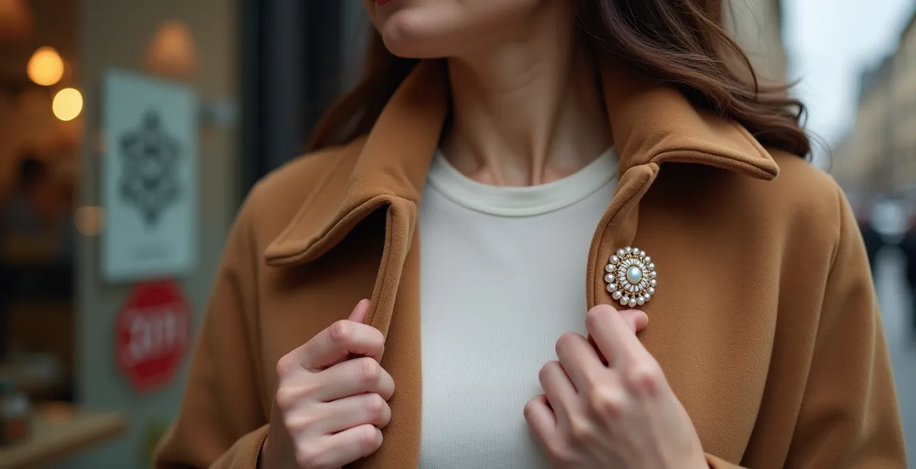 Vintage-Brosche an modernem Wollmantel mit zeitgenössischem Styling