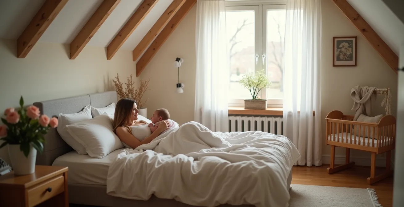 Friedliche Wochenbett-Szene mit Mutter und Neugeborenem in deutschem Zuhause