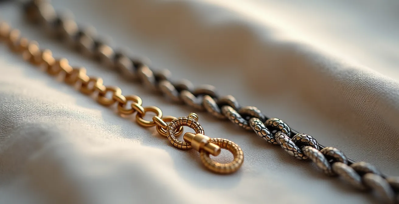 Makroaufnahme verschiedener Kettenstrukturen mit unterschiedlichem visuellem Gewicht