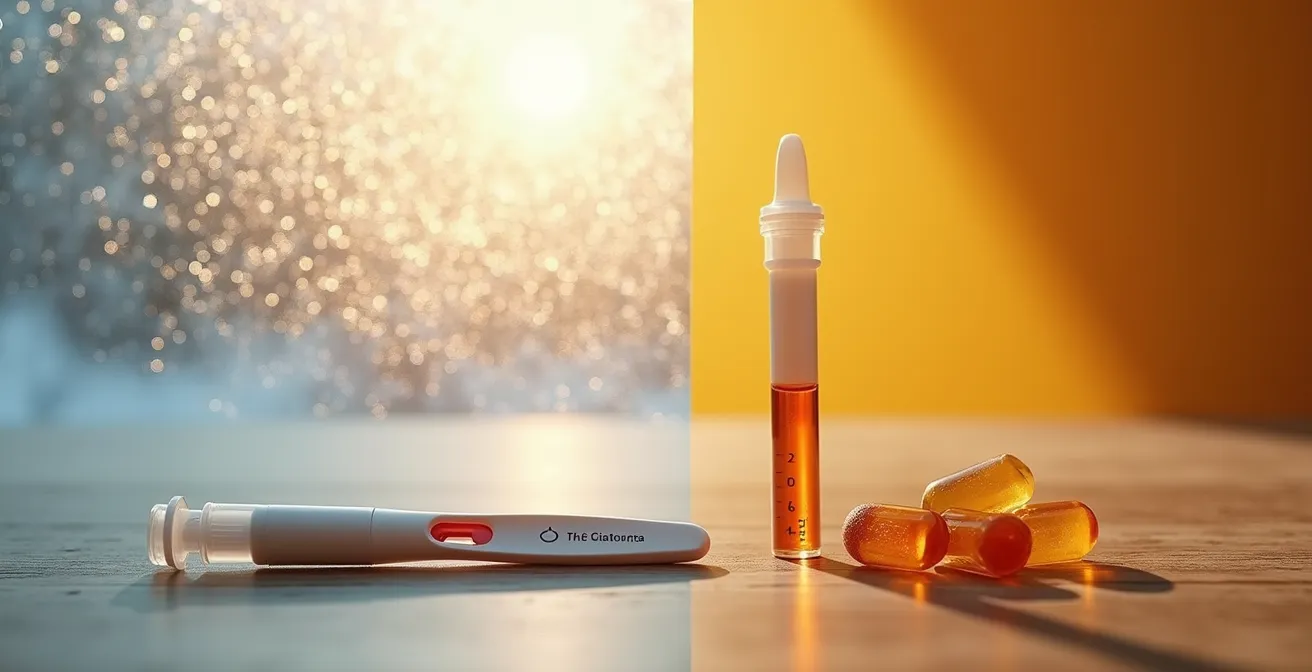 Ein Vitamin-D-Testkit liegt auf einem Holztisch, daneben fällt schwaches Wintersonnenlicht durch ein Fenster.