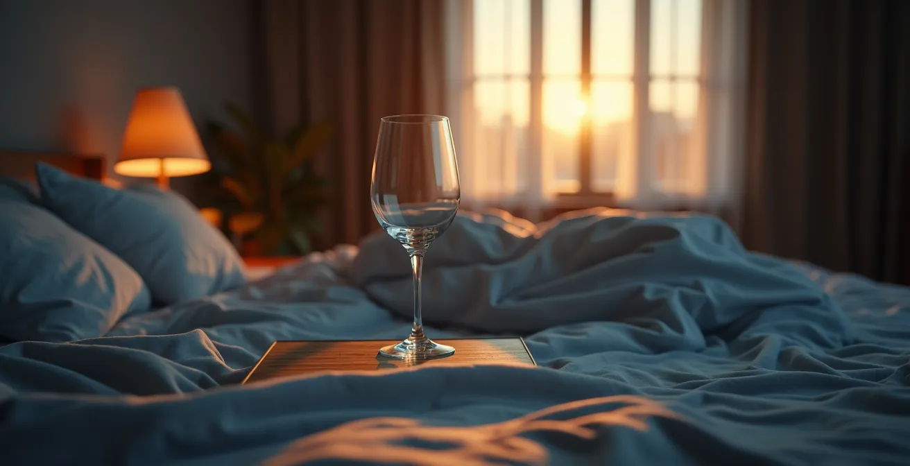 Leeres Weinglas auf Nachttisch wirft langen Schatten im dämmrigen Schlafzimmer