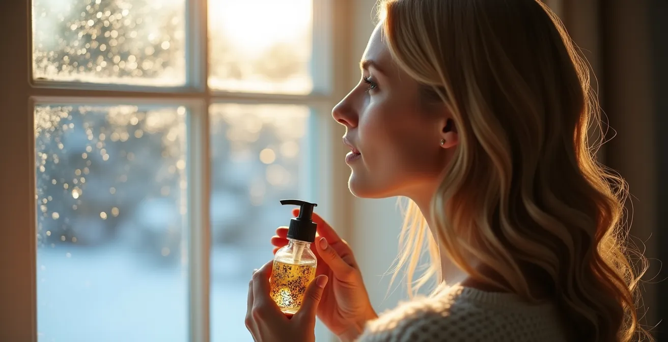 Frau trägt schützendes Haaröl bei winterlichen Temperaturen auf