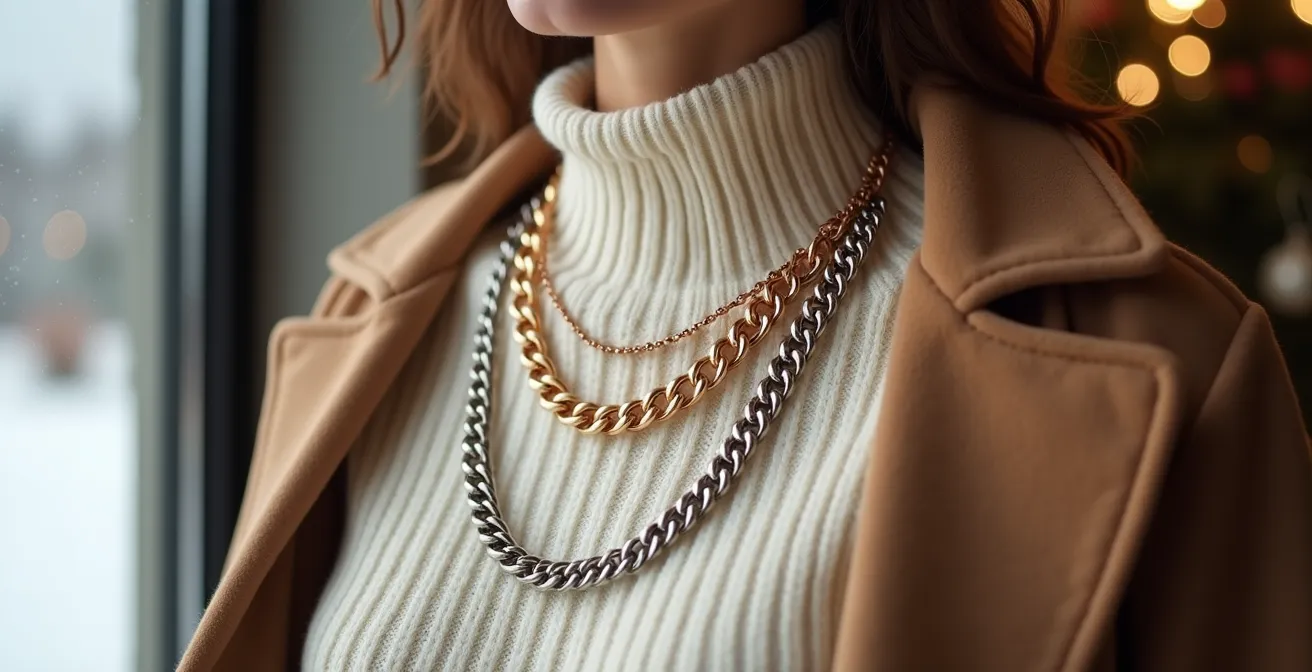 Winteroutfit mit mehreren Ketten über einem cremefarbenen Rollkragenpullover