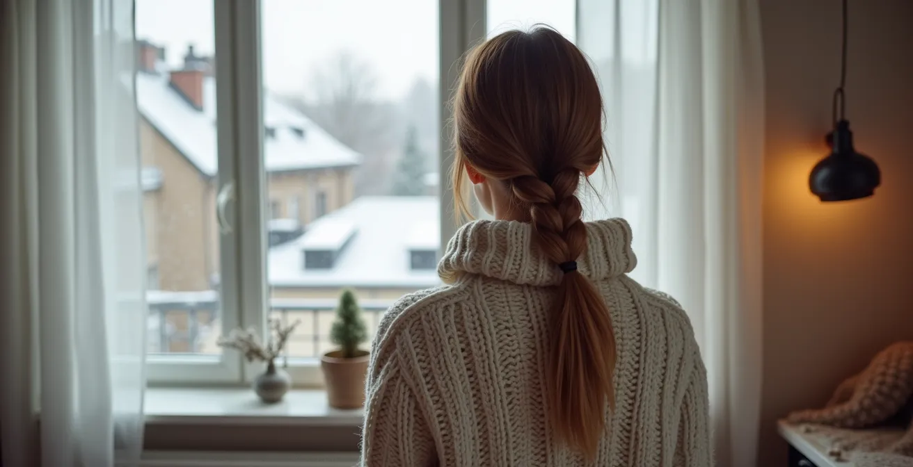 Rückansicht einer Frau in winterlicher Umgebung, deren geflochtene Haare schützend im Kragen ihres dicken Pullovers stecken.