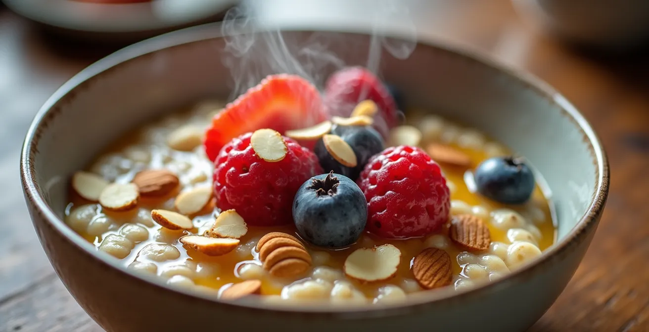 Nahaufnahme von warmem Haferbrei mit Früchten und Nüssen