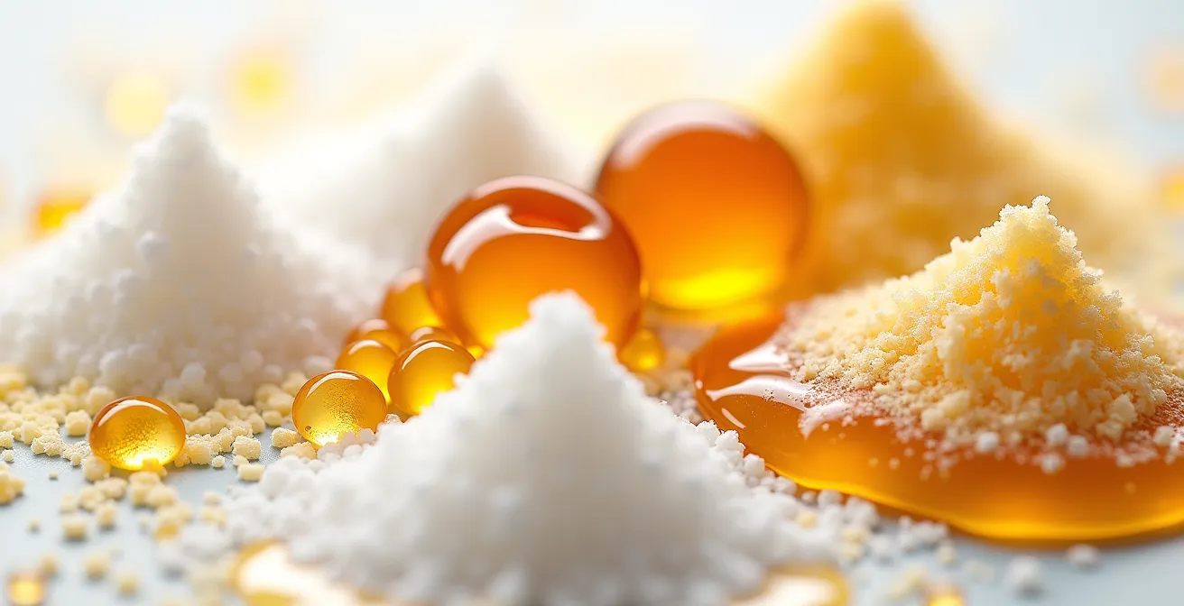 Extreme Makroaufnahme einer Zutatenliste zeigt verschiedene Zuckerarten